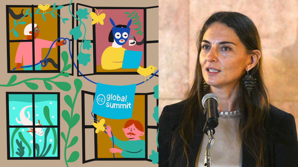 A headshot of Marina Núñez Bespalova, speaking at a microphone and wearing a light top and dark suit jacket, to the right of a colorful illustration of a wall of windows, each revealing a different human or animal doing some activity, on a building decorated with a light blue CC Global Summit banner hanging from a slender blue line, surrounded by yellow butterflies and birds and green vines and plants.