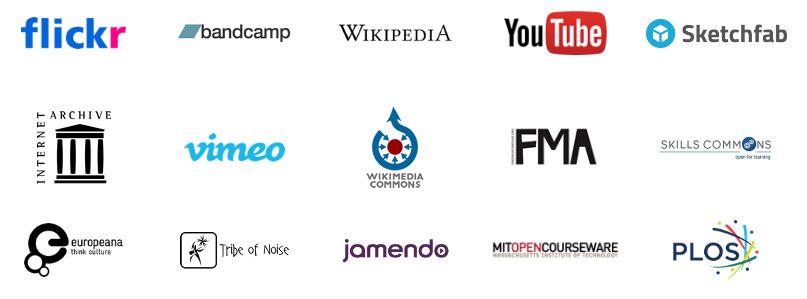 Logos for Flickr, Bandcamp, Wikipedia, YouTube, Sketchfab, Internet Archive, Vimeo, Wikimedia Commons, Free Music Archive, SkillsCommons, Europeana, Tribe of Noise, Jamendo, MIT OpenCourseWare, and PLOS.